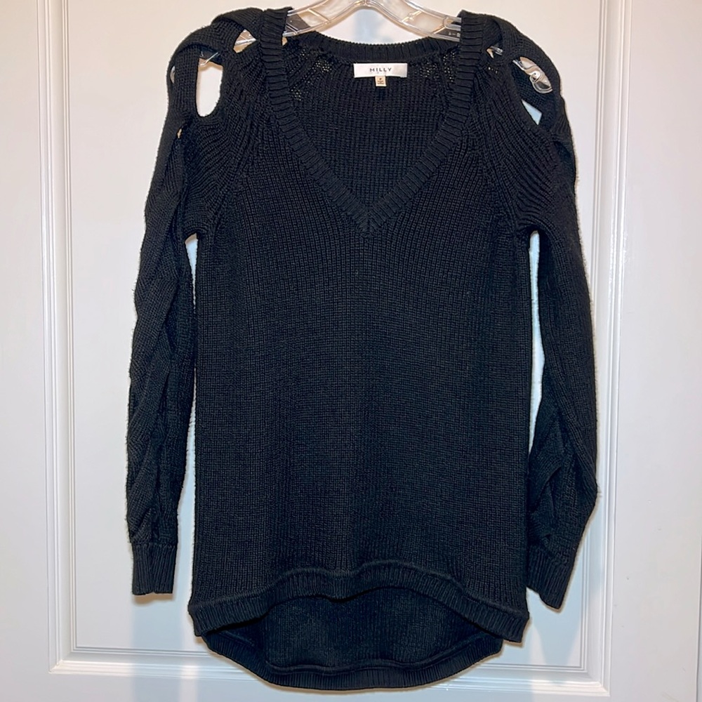 Milly Black rib V neck sweater with braided shoulder and  sleeve. Sz P